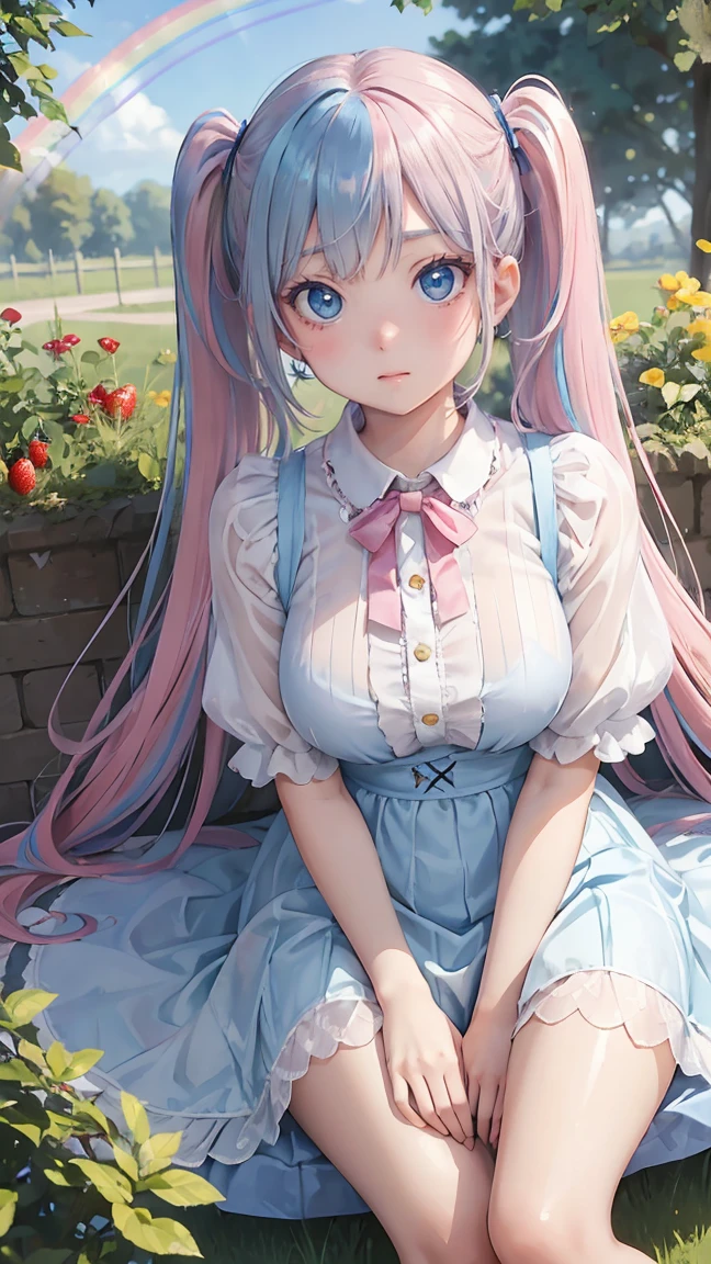 (masterpiece:1.2), (highest quality:1.2),, Curvy but slender body, perfect eyes, perfect face, perfect lighting, 1 girl,(rainbow colored hair, colorful hair, Half blue、half pink hair: 1.2),  in the garden, （shirt），（whole bodyが見える），（transparent silver dress sedan sexy clothes、striped skirt），curly hair, Clothes with short sleeves, strawberry pattern skirt、detailed outdoor background, compensate, eye shadow, small breasts、thick eyelashes, fantasy, looking at the viewer, whole body，alice in wonderland、blue sky、Bright and beautiful face、young shiny glossy white shiny skin、the best beauty、the most beautiful in the world、thin hair、long hair、Shining beautiful bangs、big shining blue eyes、very beautiful and lovely 8 year old, the most beautiful girl in the world、twin tails、Silver glasses