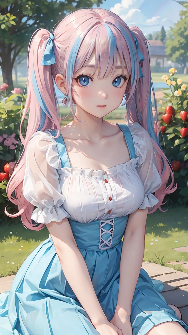 (masterpiece:1.2), (highest quality:1.2),, Curvy but slender body, perfect eyes, perfect face, perfect lighting, 1 girl,(rainbow colored hair, colorful hair, Half blue、half pink hair: 1.2),  in the garden, （shirt），（whole bodyが見える），（transparent silver dress sedan sexy clothes、striped skirt），curly hair, Clothes with short sleeves, strawberry pattern skirt、detailed outdoor background, compensate, eye shadow, small breasts、thick eyelashes, fantasy, looking at the viewer, whole body，alice in wonderland、blue sky、Bright and beautiful face、young shiny glossy white shiny skin、the best beauty、the most beautiful in the world、thin hair、long hair、Shining beautiful bangs、big shining blue eyes、very beautiful and lovely 8 year old, the most beautiful girl in the world、twin tails、Silver glasses