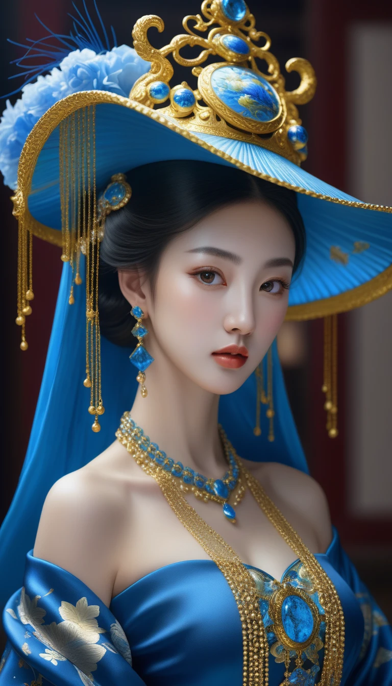 araffe wearing a blue dress and a blue hat with gold decorations, a photorealistic painting by Huang Guangjian, cgsociety, cloisonnism, jingna zhang, beautiful render of tang dynasty, unreal engine render + a goddess