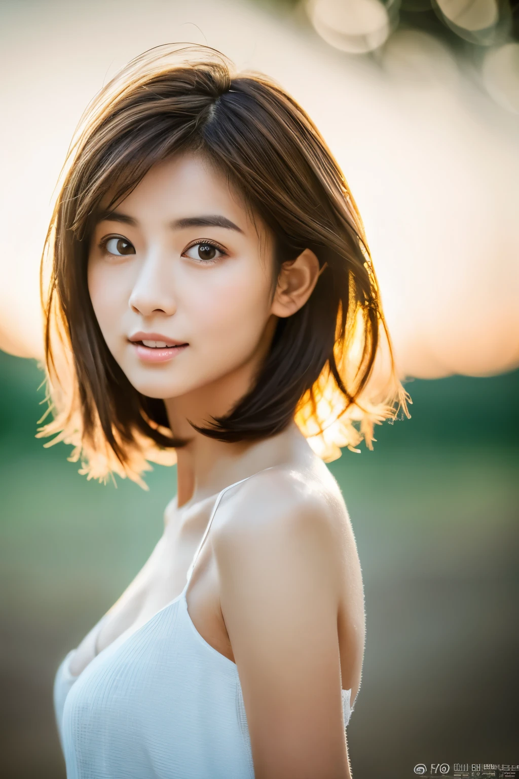 masterpiece, Best Quality, 8K, 1girl, Correct human hands, correct human fingers, Skinny Japanese woman, Cute, Girly, Delicate woman, Neat and clean beauty, small breast, very thin waist, sexy lips, luminescence, Looking away, Raw photo, F/1.8, 135 mm, CANON, Anatomically correct, bokeh，Textured skin, Professional Photography, Soft light, Professional Lighting, back light, Film grain, (Eyes and faces with detailed:1.0), brown hair, medium hair swaying in the wind, Silk Blouse,