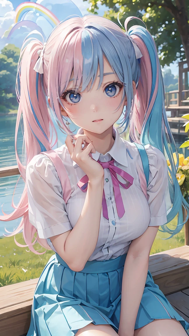 (masterpiece:1.2), (highest quality:1.2),, Curvy but slender body, perfect eyes, perfect face, perfect lighting, 1 girl,(rainbow colored hair, colorful hair, Half blue、half pink hair: 1.2),  in the garden, （shirt），（whole bodyが見える），（Transparent sexy clothes、striped skirt），curly hair, Clothes with short sleeves, 、on the boat、, compensate, eye shadow, small breasts、thick eyelashes, fantasy, looking at the viewer, whole body，alice in wonderland、blue sky、Bright and beautiful face、young shiny glossy white shiny skin、the best beauty、the most beautiful in the world、thin hair、long hair、Shining beautiful bangs、big shining blue eyes、very beautiful and lovely 8 year old, the most beautiful girl in the world、twin tails、Silver glasses