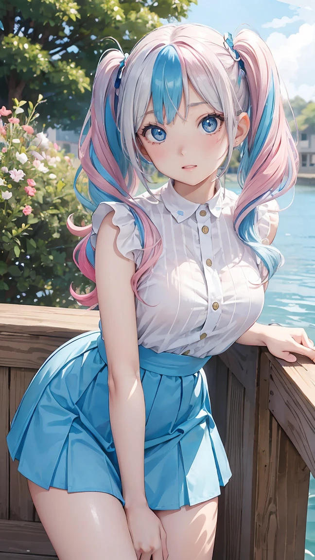 (masterpiece:1.2), (highest quality:1.2),, Curvy but slender body, perfect eyes, perfect face, perfect lighting, 1 girl,(rainbow colored hair, colorful hair, Half blue、half pink hair: 1.2),  in the garden, （shirt），（whole bodyが見える），（Transparent sexy clothes、striped skirt），curly hair, Clothes with short sleeves, 、on the boat、, compensate, eye shadow, small breasts、thick eyelashes, fantasy, looking at the viewer, whole body，alice in wonderland、blue sky、Bright and beautiful face、young shiny glossy white shiny skin、the best beauty、the most beautiful in the world、thin hair、long hair、Shining beautiful bangs、big shining blue eyes、very beautiful and lovely 8 year old, the most beautiful girl in the world、twin tails、Silver glasses