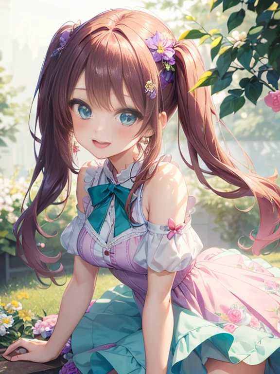 眼鏡のをしている小さなgirl、The arrival of spring、big butt、 (alone:1.5,)Super detailed,bright colors, very beautiful detailed anime face and eyes, look straight, ;d, shiny_skin,girl, (Green Long Hair,Inner color is red 、forehead is exposed.、green eyes、、shiny hair, delicate beautiful face, blush、(turquoise eyes), White skin, Valletta, earrings,、blue flower field、(((floral pink ruffle dress、purple mini skirt)))、twin tails、smile、happy face、face dyed red