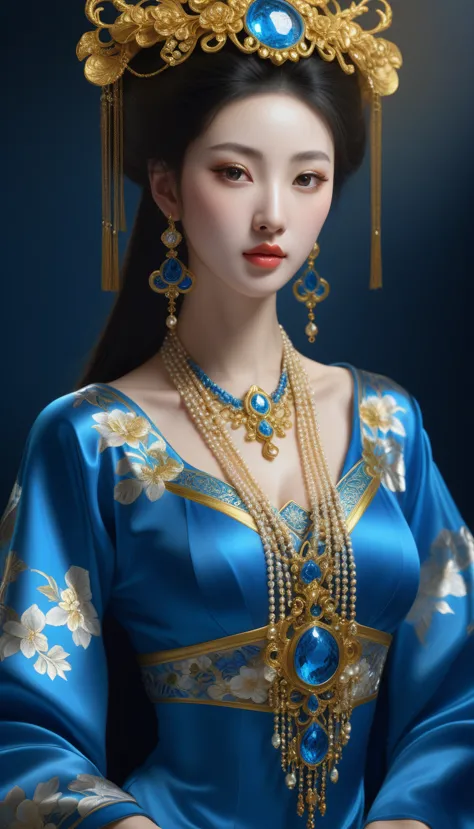 araffe wearing a blue dress and a blue hat with gold decorations, a photorealistic painting by huang guangjian, cgsociety, clois...