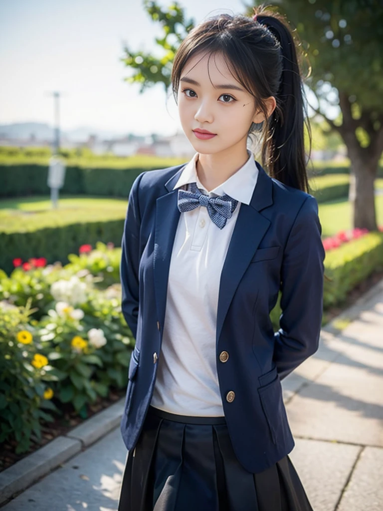 (masterpiece, highest quality:1.4), award-winning portraits, 8K, 85mm, alone, beautiful face, delicate girl, , (dark navy blazer jacket, turn your arms behind your back, close your face:1.2), dark navy skirt, long sleeve, violaces, gardenia, grace, Sophisticated, cute, teen, looking at the viewer, 15 years old, Raw photo, disorganized, HDR, sharp focus, A bow tie, background bokeh、(((flat 、thin and delicate body、A childish atmosphere)))、shiny semi-long hair、ponytail、Mole on the left cheek、large, round, dark blue eyes、(knee shot)、the skirt is swaying in the wind、((Uplifting、come running to me、hair waving in the wind))、