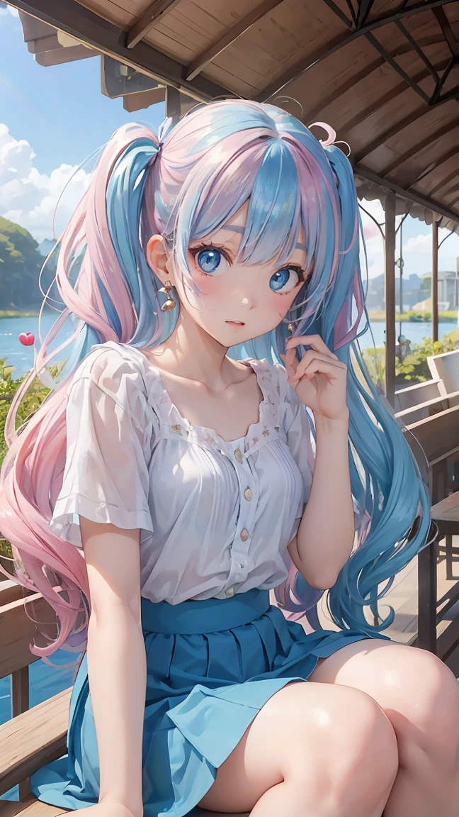 (masterpiece:1.2), (highest quality:1.2),, Curvy but slender body, perfect eyes, perfect face, perfect lighting, 1 girl,(rainbow colored hair, colorful hair, Half blue、half pink hair: 1.2),  in the garden, （shirt），（whole bodyが見える），（Transparent sexy clothes、striped skirt），curly hair, Clothes with short sleeves, 、on the boat、, compensate, eye shadow, small breasts、thick eyelashes, fantasy, looking at the viewer, whole body，alice in wonderland、blue sky、Bright and beautiful face、young shiny glossy white shiny skin、the best beauty、the most beautiful in the world、thin hair、long hair、Shining beautiful bangs、big shining blue eyes、very beautiful and lovely 8 year old, the most beautiful girl in the world、twin tails、Silver glasses、a disappointed face、ecstasy