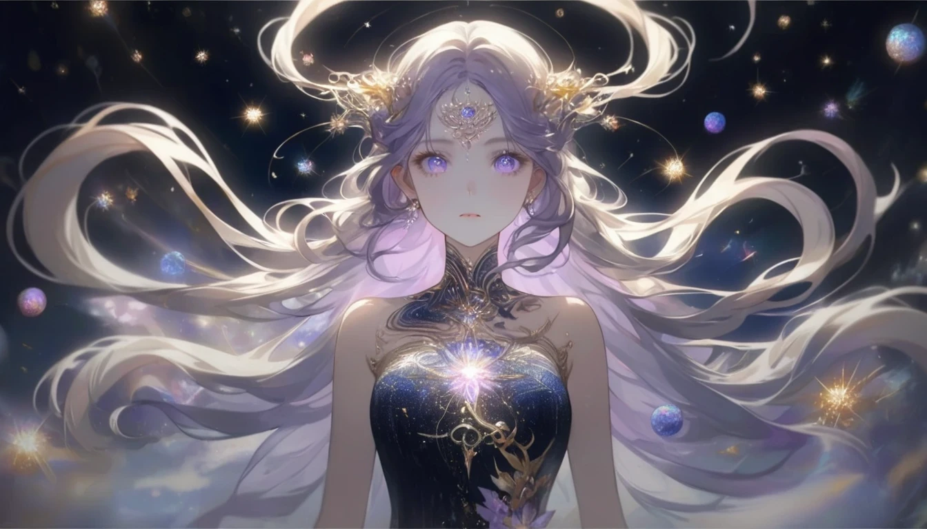 A girl with a mesmerizing stare, her eyes filled with shimmering galaxies. She stands tall under a midnight sky, surrounded by twinkling stars. Her long flowing hair cascades down her back like a waterfall of stardust. The girl wears an elegant gown that reflects the colors of the universe, with intricate patterns of constellations and planets. She holds a wand made of pure starlight, emitting a soft, ethereal glow. The girl exudes confidence and grace, as if she possesses the power of the cosmos. The artwork is a masterpiece, meticulously crafted with attention to every detail. The colors are vibrant and vivid, contrasting against the darkness of space. The lighting is perfectly balanced, casting a soft glow on the girl's face and illuminating the intricate details of her surroundings. The image is ultra-detailed, capturing every delicate brushstroke and creating a sense of realism. The overall art style is a mix of fantasy and realism, with a touch of surrealism. The color palette is filled with deep blues, purples, and hints of gold, creating a dreamlike atmosphere. The girl's expression is serene and enigmatic, leaving the viewer captivated and intrigued. This prompt ensures the creation of a high-quality, exquisite artwork depicting a captivating girl under the mystical beauty of the stars.