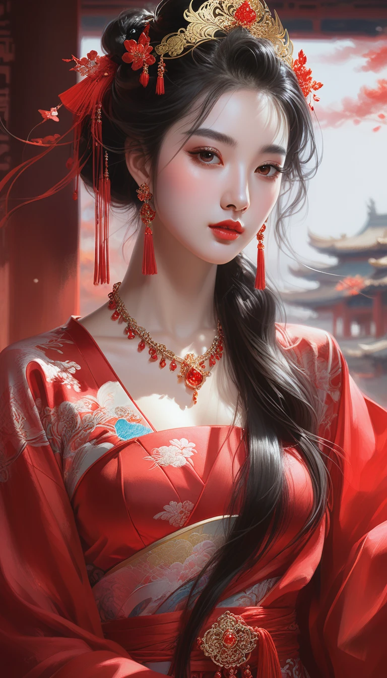 a close up of a woman wearing a red dress and a tia, palace ， a girl in hanfu, ((a beautiful fantasy empress)), a beautiful fantasy empress, beautiful character painting, guweiz, artwork in the style of guweiz, chinese style, trending on cgstation, ancient chinese princess, inspired by Lan Ying, chinese princess