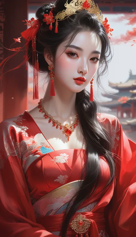 a close up of a woman wearing a red dress and a tia, palace ， a girl in hanfu, ((a beautiful fantasy empress)), a beautiful fant...