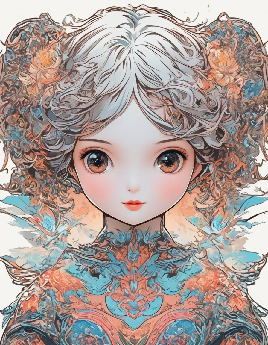 girl，portrait，vector art，vector art：1.2，floral pattern：1.1，geometric elements，sharp lines，X-ray，neon color，beautiful eyes，color palette，line art，Hair and butterfly transformation，Symmetrical balance，Fantasy elements，dreamy atmosphere，Geometric symmetry，soft light，ethereal，White background，Moderate：digital illustration。AuthorOrlando Arocena