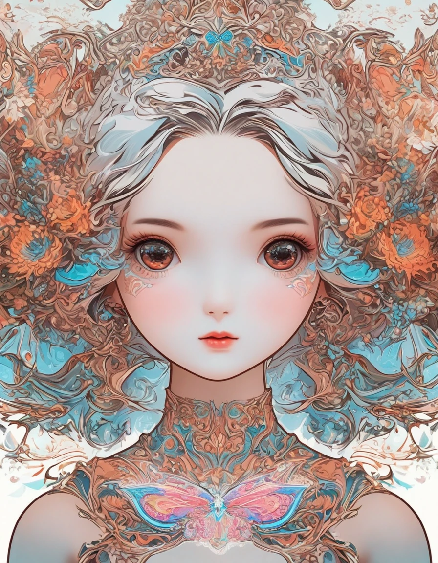 girl，portrait，vector art，vector art：1.2，floral pattern：1.1，geometric elements，sharp lines，X-ray，neon color，beautiful eyes，color palette，line art，Hair and butterfly transformation，Symmetrical balance，Fantasy elements，dreamy atmosphere，Geometric symmetry，soft light，ethereal，White background，Moderate：digital illustration。AuthorOrlando Arocena