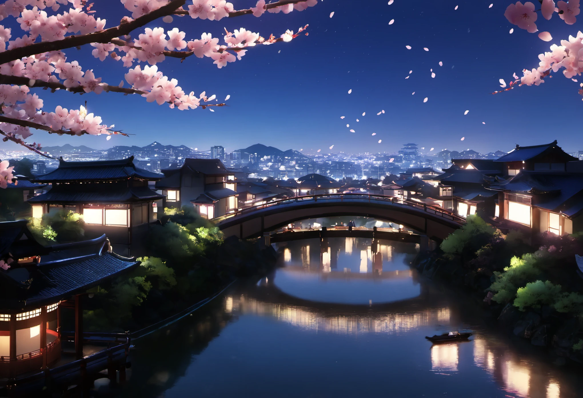 アリエンビュー, 周囲に桜が咲き誇る美しい夜景でした. 人間は見えなかった, 夜は晴れていて. 景色は日本の建築物でした, 橋や建物が水に囲まれている. 桜の花びらが木から出てきた, 景色の自然の美しさをさらに引き立てる. 遠方に, 