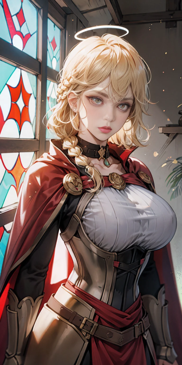 upper body of paladin lady in ornate golden armor, black collar, pauldrons, breastplate, corset, glowing halo, single braid, glowing eyes, bright pupils, eye focus, red cape, temple indoors, stained glass windows, day, daytime daylight, particles, light beam, chromatic aberration