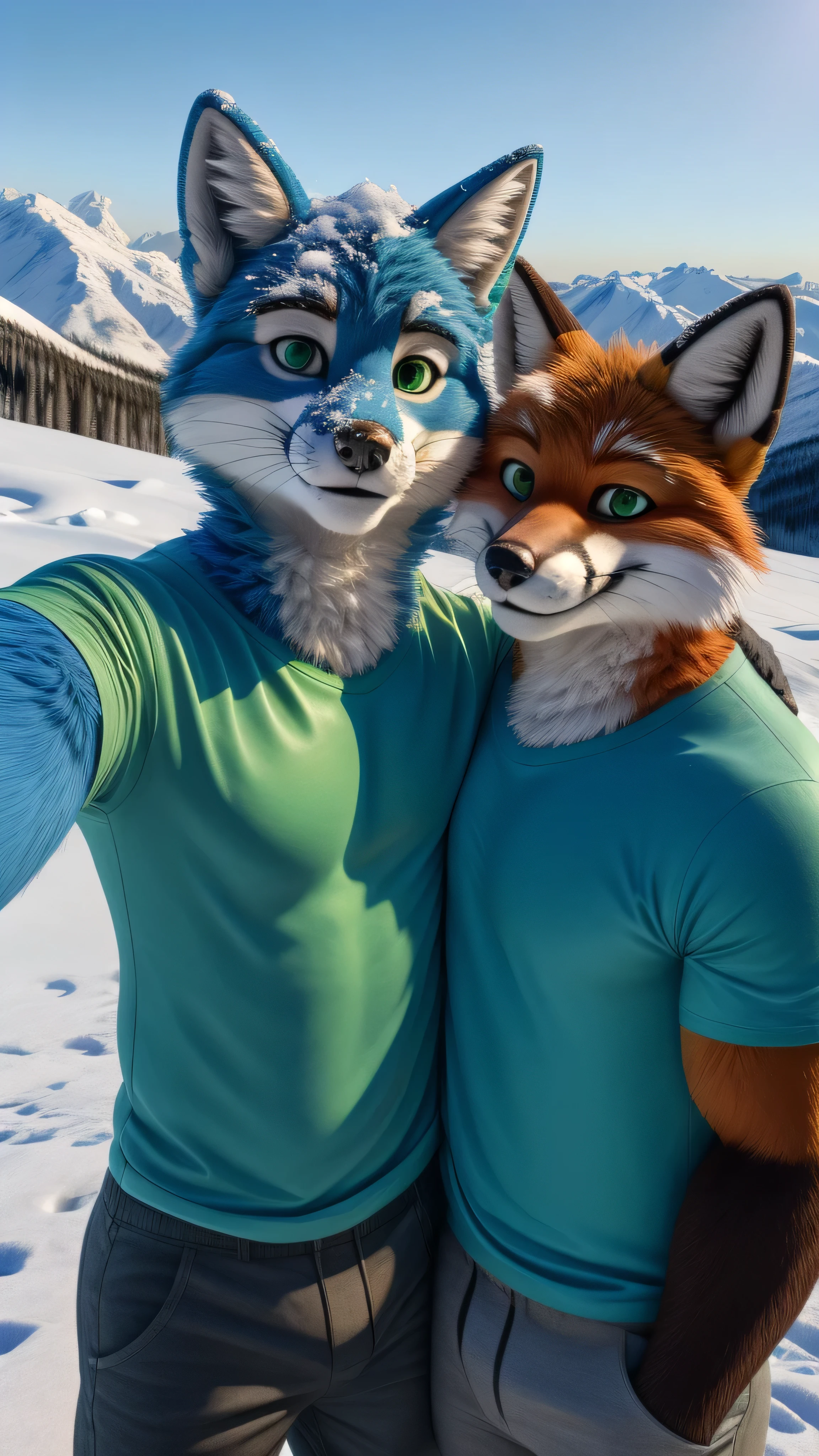 22세의 미국 근육질 성인 남성 Fox Fursuit는 알래스카의 눈 덮인 배경에서 스마트폰을 들고 셀카를 찍고 녹색 티셔츠와 긴 바지를 입고 녹색 눈과 파란 털을 입고 가장 친한 친구와 함께 카메라를 향해 웃고 있습니다. (듀오:1.1)
