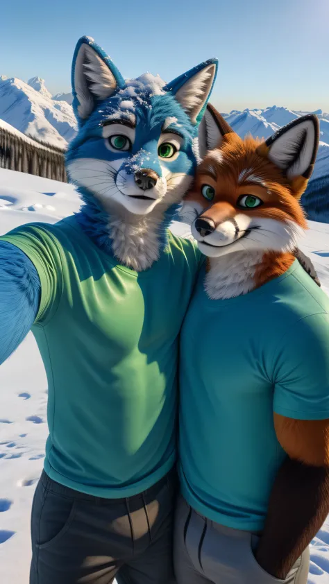 A 22 year old American muscular adult male Fox fursuit alone outdoors snow filled background in Alaska taking a selfie holding his smartphone and smiling at camera green eyes and blue fur wearing a green t-shirt and long pants together with his best friend (duo:1.1)