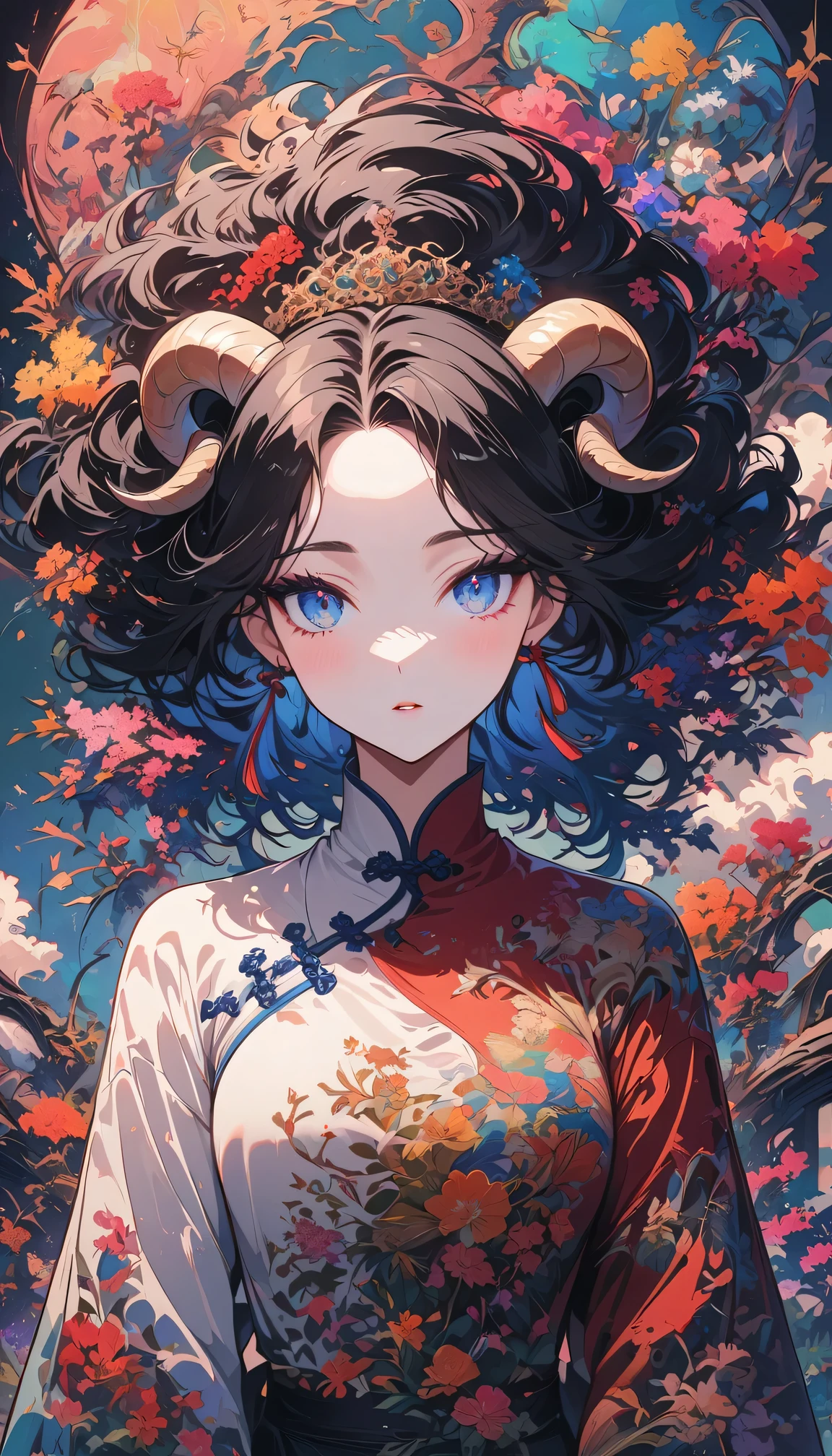 Designed by nty, a woman is, (Albino demon girl standing, long and complex horns:1.2, colorful clothes), intricate details, Colorful background, Abstract,Onmyoji Detailed Art, Oriental traditional art style, beautiful painting style, Ukiyo-style, masterpiece, top quality, best quality, ultra high resolution