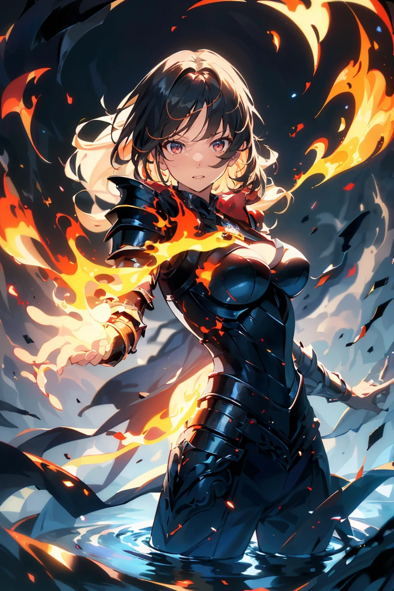 highest quality, Super detailed, (ultra high resolution,8K), Ultra-high definition 4K, (perfect anatomy, anatomically accurate), (One woman with big breasts has sexy charm), (Paladin), (Beautiful armor of flame that covers the whole body:1.6), (sharp look), ((flaming cloak)), (surrounded by detailed flames:1.5), silver hair, (ponytail), (dynamic composition), high definition beauty face, (Beautiful blue eyes like sapphires), (open your mouth), photorealistic, shiny skin, (fine-textured skin,hair ), By the pond, water lily, moss, Crystal clear and clean water, (((midnight, dark))), (Decisive pose:1.3), (Hold a detailed beautiful sword), fire,floating,flame,magic,glowing, shinkai makoto