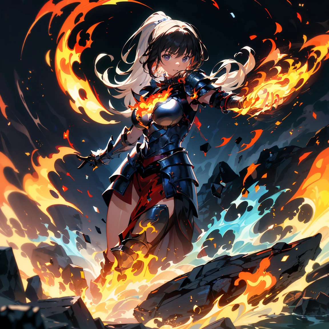 highest quality, Super detailed, (ultra high resolution,8K), Ultra-high definition 4K, (perfect anatomy, anatomically accurate), (One woman with big breasts has sexy charm), (Paladin), (Beautiful armor of flame that covers the whole body:1.6), (sharp look), ((flaming cloak)), (surrounded by detailed flames:1.5), silver hair, (ponytail), (dynamic composition), high definition beauty face, (Beautiful blue eyes like sapphires), (open your mouth), photorealistic, shiny skin, (fine-textured skin,hair ), By the pond, water lily, moss, Crystal clear and clean water, (((midnight, dark))), (Decisive pose:1.3), (Hold a detailed beautiful sword), fire,floating,flame,magic,glowing, shinkai makoto