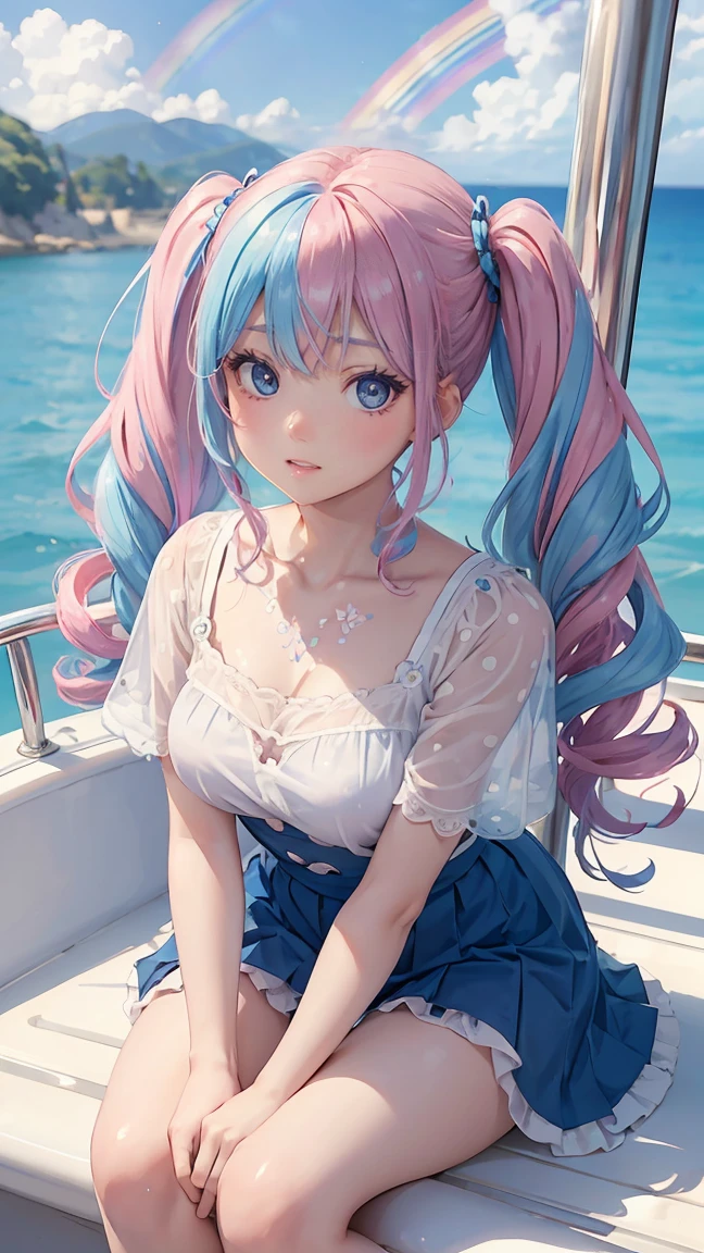 (masterpiece:1.2), (highest quality:1.2),, Curvy but slender body, perfect eyes, perfect face, perfect lighting, 1 girl,(rainbow colored hair, colorful hair, Half blue、half pink hair: 1.2),  cherry blossoms、 Glasses、（cute shirt），（whole bodyが見える），spring、（painted on steel、Transparent sexy clothes、polka dots、lace skirt），curly hair, Clothes with short sleeves, 、In the sea、on the boat、, compensate, eye shadow, small breasts、thick eyelashes, fantasy, looking at the viewer, whole body，alice in wonderland、blue sky、Bright and beautiful face、young shiny glossy white shiny skin、the best beauty、the most beautiful in the world、thin hair、long hair、Shining beautiful bangs、big shining blue eyes、very beautiful and lovely 8 year old, the most beautiful girl in the world、twin tails、Glasses、a disappointed face、Waiting for a kiss、smile