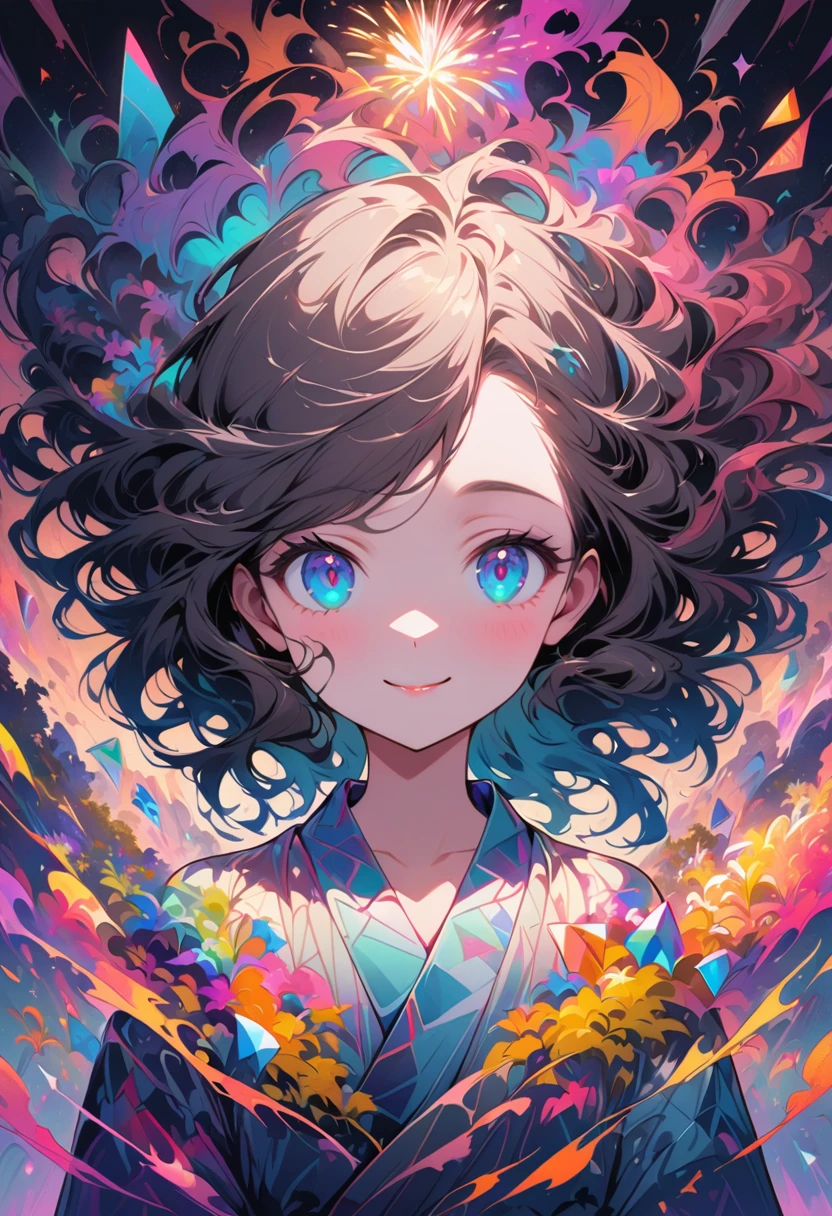 Seamless geometry，blank background，Geometric puzzle style，cute girl, shining eyes, 16 years old,  happiness，Lovely smile，flowing hair，Light blue geometric pattern yukata，周围有colorful geometric shapes，bright colors，Fireworks flashing in the background，colorful geometric shapes，eye-catching composition，abstract pattern，Geometric symmetry，Shocking visual impact，artistic interpretation，expressive brushstrokes，Translucent layer，Contrasting tones，Warm and cold light exposure，Ethereal and magical atmosphere，seductive and charming scene