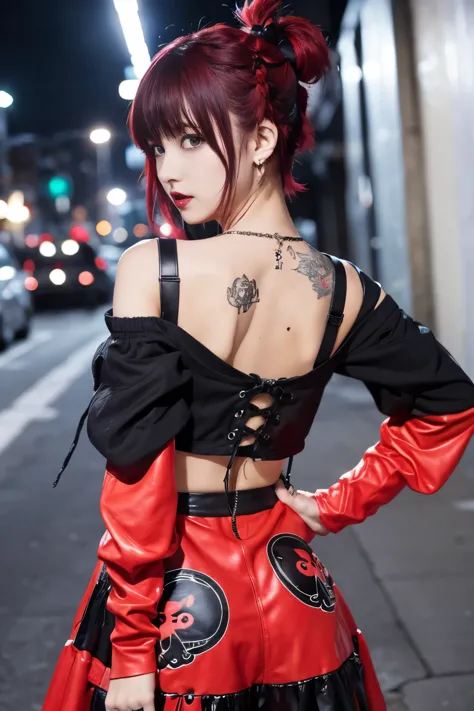 cute punk idol、whole body、good style、、、、、skull print red punk costume（off shoulder）、、short hair