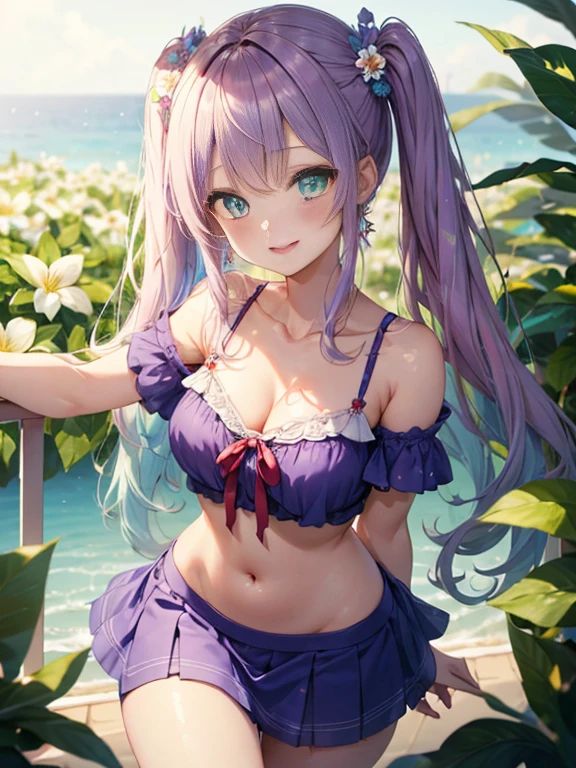 Glasses、小さなgirl、The arrival of spring、big butt、 (alone:1.5,)Super detailed,bright colors, very beautiful detailed anime face and eyes, look straight, ;d, shiny_skin,girl, ((gradient hair, , Half blue、half pink hair: 1.2)）, 、forehead is exposed.、green eyes、、shiny hair, delicate beautiful face, blush、(turquoise eyes), White skin, Valletta, earrings,、blue flower field、(((Floral、summer clothes、purple mini skirt)))、twin tails、smile、happy face、face dyed red