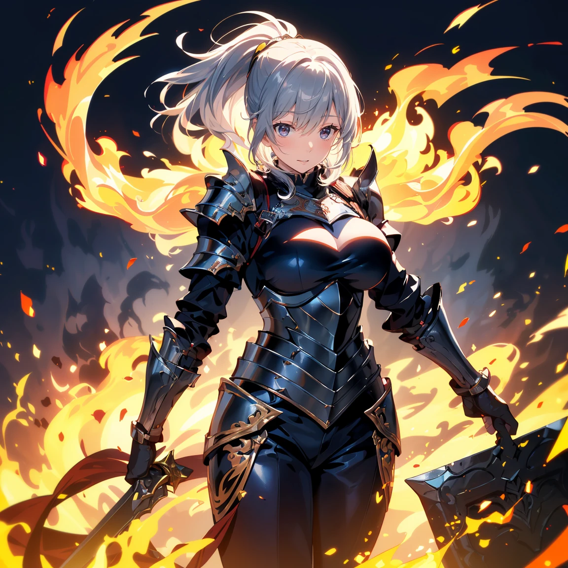 highest quality, Super detailed, (ultra high resolution,8K), Ultra-high definition 4K, (perfect anatomy, anatomically accurate), (One woman with big breasts has sexy charm), (Paladin), (Beautiful armor of flame that covers the whole body:1.6), (sharp look), ((flaming cloak)), (surrounded by detailed flames:1.5), silver hair, (ponytail), (dynamic composition), high definition beauty face, (Beautiful blue eyes like sapphires), (open your mouth), photorealistic, shiny skin, (fine-textured skin,hair ), Near the magma, Crystal clear and clean water, (((midnight, dark))), (Decisive pose:1.3), (Hold a detailed beautiful sword), fire,floating,flame,magic,glowing, shinkai makoto