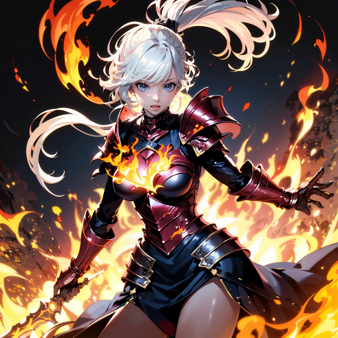 highest quality, Super detailed, (ultra high resolution,8K), Ultra-high definition 4K, (perfect anatomy, anatomically accurate), (One woman with big breasts has sexy charm), (Paladin), (Beautiful armor of flame that covers the whole body:1.6), (sharp look), ((flaming cloak)), (surrounded by detailed flames:1.5), silver hair, (ponytail), (dynamic composition), high definition beauty face, (Beautiful blue eyes like sapphires), (open your mouth), photorealistic, shiny skin, (fine-textured skin,hair ), Near the magma, Crystal clear and clean water, (((midnight, dark))), (Decisive pose:1.3), (Hold a detailed beautiful sword), fire,floating,flame,magic,glowing, shinkai makoto