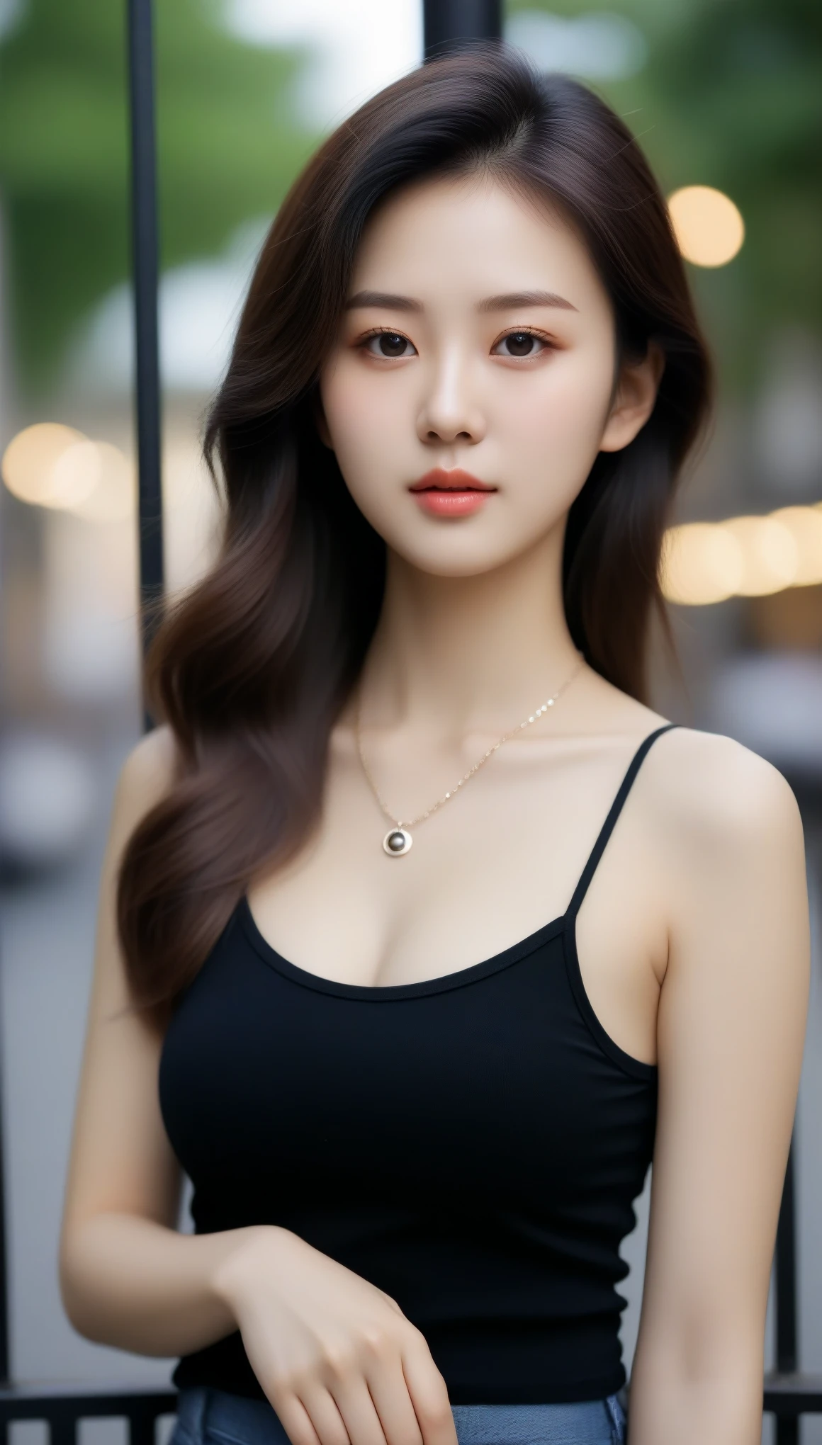 close-up of beautiful korean female, 34 inch breasts size, wearing black tank top, necklace, against the iron fence, bokeh background, Polaroid photo, UHD