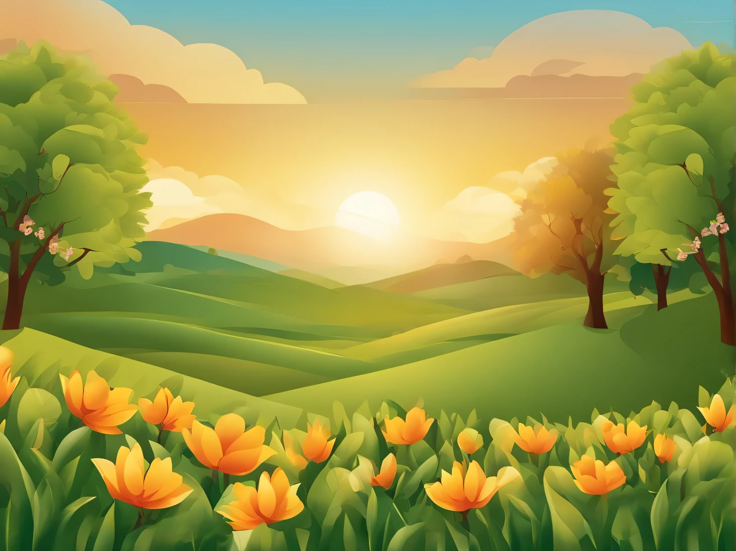 Aesthetics of vector art, spring in vector graphics, warm, sunny, joyful, nature wakes up, vector art, high definition, clear contours, gradients
