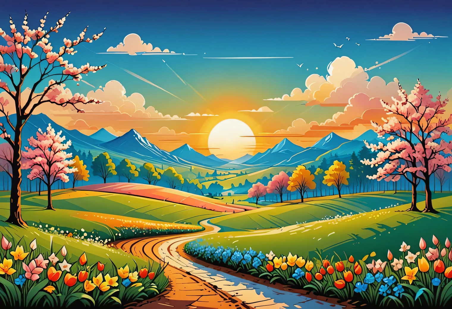 Aesthetics of vector art, spring in vector graphics, warm, sunny, joyful, nature wakes up, vector art, high definition, clear contours, gradients