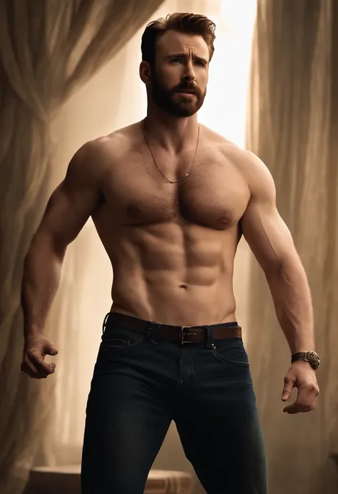 Chris Evans wearing a crop top. His happy trail around his belly button is  showi - SeaArt AI