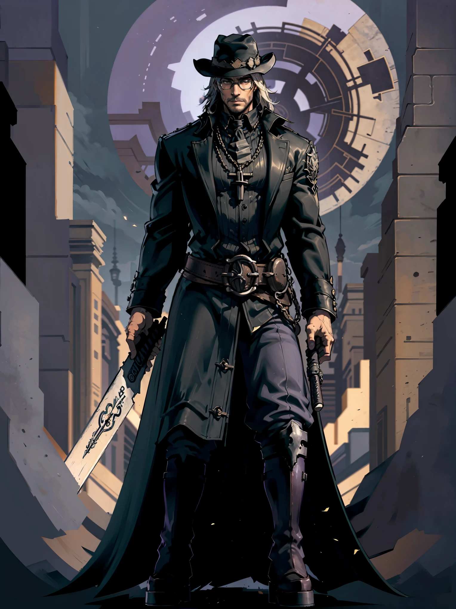 demon hunter, equipped with two pistols, with a large hat that partially covers his face, a masculine and battle-hardened man, wearing a long black trench coat, symbols of protection all over his body, purple glasses, pendants on his neck, rosary religious, ruthless and professional, work boots and an old watch in a pocket, in the background a city with a bell tower where the bells ring, dark atmosphere, 3d illustration, high quality, realistic and highly detailed,