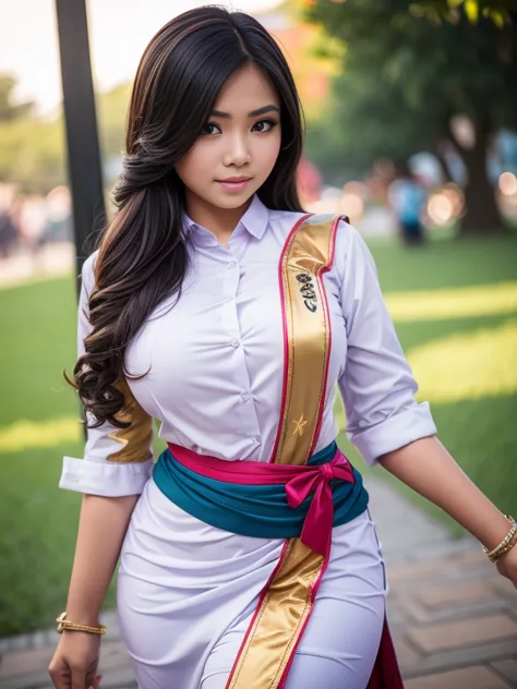 Beauty Indonesian woman in student high  cosplay, beauty big breast, show pubic hairs, vivid colors, bokeh