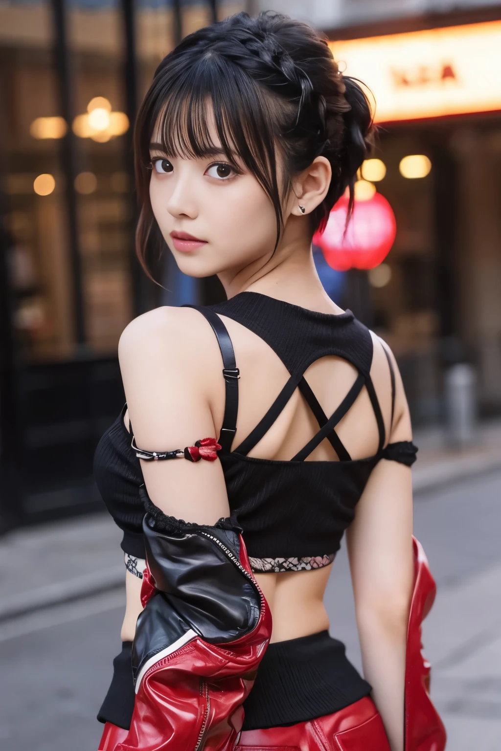 cute punk idol、whole body、good style、、、、、skull print red punk costume（off shoulder）、、Short hair