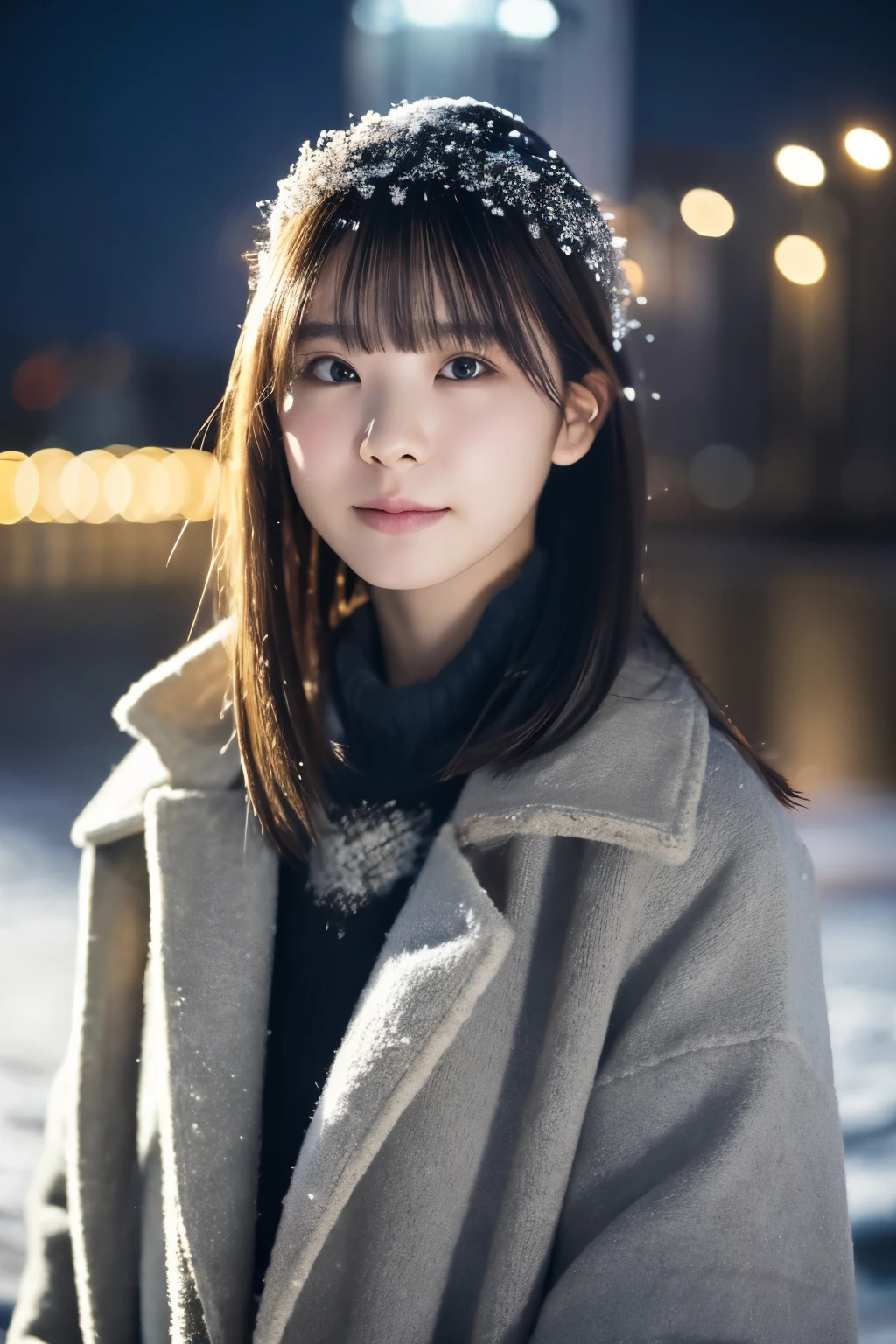 1 girl, (wear a coat:1.2), (Raw photo, highest quality), (realistic, Photoreal:1.4), table top, very delicate and beautiful, very detailed, 2k wallpaper, wonderful, finely, very detailed CG Unity 8K 壁紙, Super detailed, High resolution, soft light, beautiful detailed girl, very detailed目と顔, beautifully detailed nose, detailed and beautiful eyes, cinematic lighting, Illuminations coloring the city on a snowy night, snow scene, It&#39;s snowing, snow in my hair, perfect anatomy, tense air, straight long hair, looking at the viewer, slight smile, Hokkaido Serial Murder, Disappear in Okhotsk, tracking