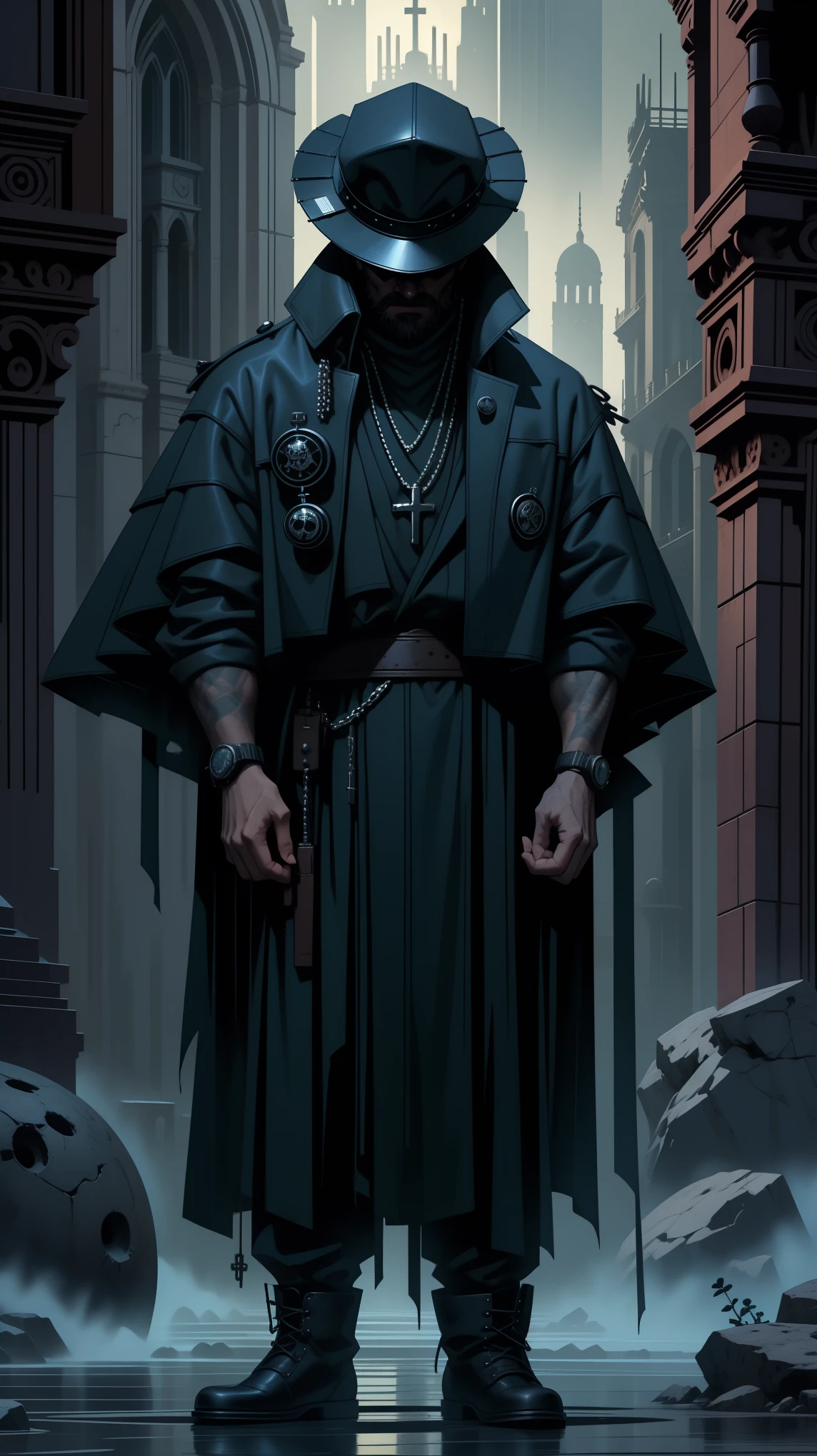 demon hunter, equipped with two pistols, with a large hat that partially covers his face, a masculine and battle-hardened man, wearing a long black trench coat, symbols of protection all over his body, purple glasses, pendants on his neck, rosary religious, ruthless and professional, work boots and an old watch in a pocket, in the background a city with a bell tower where the bells ring, dark atmosphere, 3d illustration, high quality, realistic and highly detailed, a masterpiece,Physically based representation，sosteniendo el arma con ambas manos，apuntar a ti
