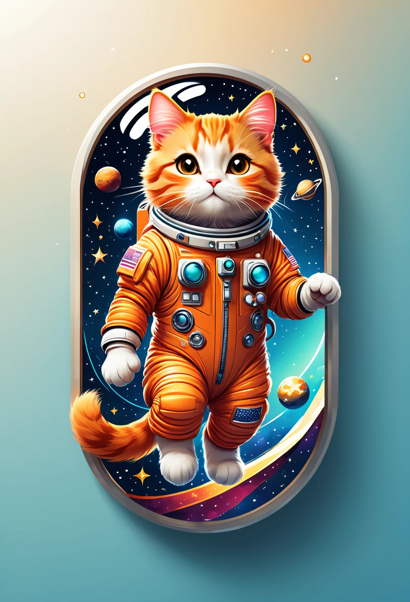 vector art:Cat astronaut,draw with thick lines,illustration,adobe,flat design,Works created by professional designers,超Brilliant宇宙旅行,orange cat:Spacesuit,Rocket emblem,technology,adventure,Inside the spaceship,Stainless steel panel,monitor,Control panel,spaceship windows,no gravity,buoyant,floating object,cute,Fantastic,Brilliant,Bokeh effect,fun,Wonderful,joy,masterpiece,最高masterpiece,rich colors,colorful,cool,rendering,zentangle elements,line art,