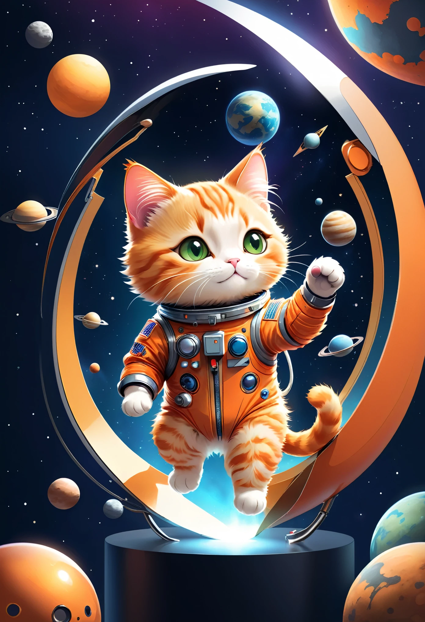 vector art:Cat astronaut,draw with thick lines,illustration,adobe,flat design,Works created by professional designers,超Brilliant宇宙旅行,orange cat:Spacesuit,Rocket emblem,technology,adventure,Inside the spaceship,Stainless steel panel,monitor,Control panel,spaceship windows,no gravity,buoyant,floating object,cute,Fantastic,Brilliant,Bokeh effect,fun,Wonderful,joy,masterpiece,最高masterpiece,rich colors,colorful,cool,rendering,zentangle elements,line art,