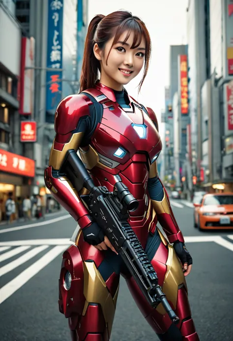 asian theme, raw color photo, long photo, realistic, 21 year old solo woman, ponytail in the city, wearing an ironman costume. b...