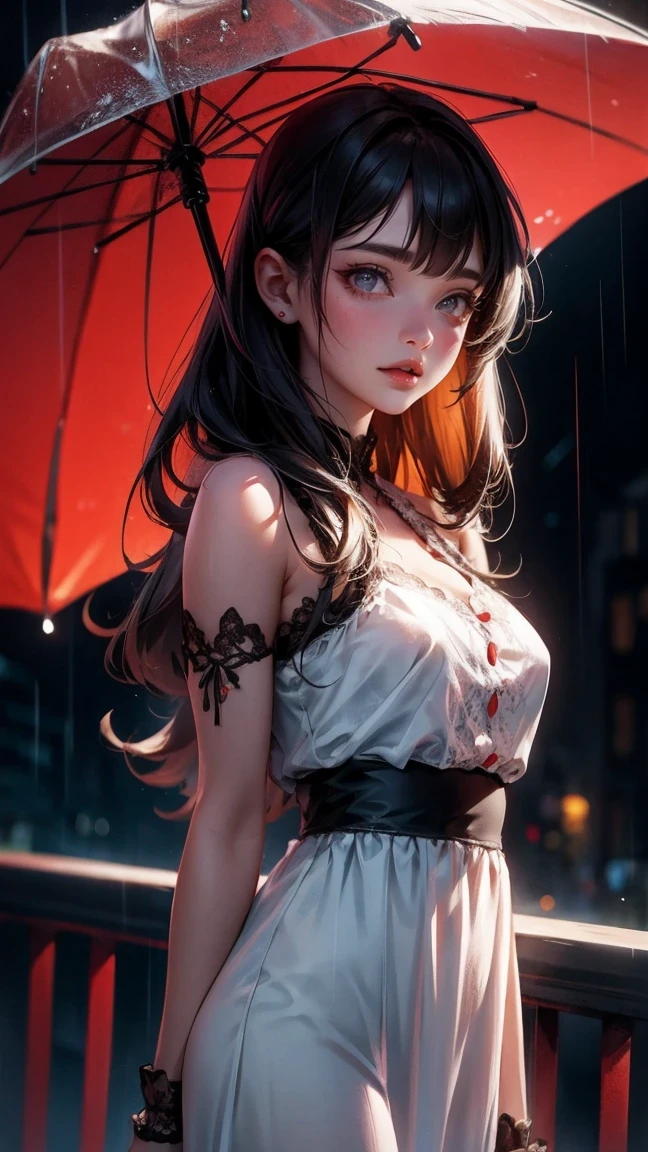 Cute Girl, cowboy shot,((Best quality, 8k, lace maxi dress, standing in the rain, red light district, highly detailed face and skin texture, detailed eyes, double eyelids.)