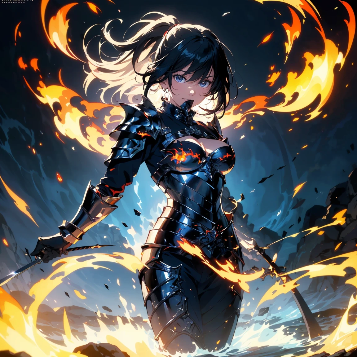 highest quality, Super detailed, (ultra high resolution,8K), Ultra-high definition 4K, (perfect anatomy, anatomically accurate), (One woman with big breasts has sexy charm), (Paladin), (Beautiful armor of flame that covers the whole body:1.6), (sharp look), ((flaming sword)), (surrounded by detailed flames:1.5), silver hair, (ponytail), (dynamic composition), high definition beauty face, (Beautiful blue eyes like sapphires), (open your mouth), photorealistic, shiny skin, (fine-textured skin,hair ), By the pond, water lily, moss, Crystal clear and clean water, (((midnight, dark))), (Decisive pose:1.3), (Hold detailed sword), fire,floating,flame,magic,glowing, shinkai makoto