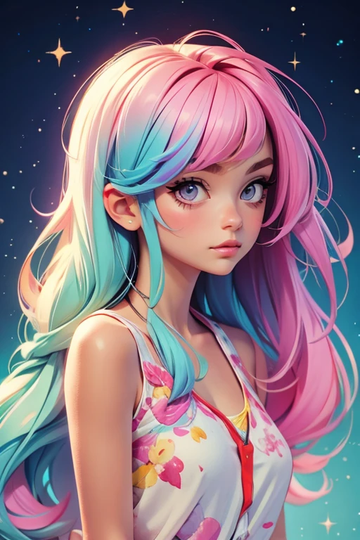 1 girl, solo,  ((watercolor texture)), rainbow colorful hair, soft color, illustration anime, waved long hair, bubbles, glitter