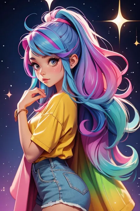 1 girl, solo,  ((watercolor texture)), rainbow colorful hair, soft color, illustration anime, waved long hair, bubbles, glitter