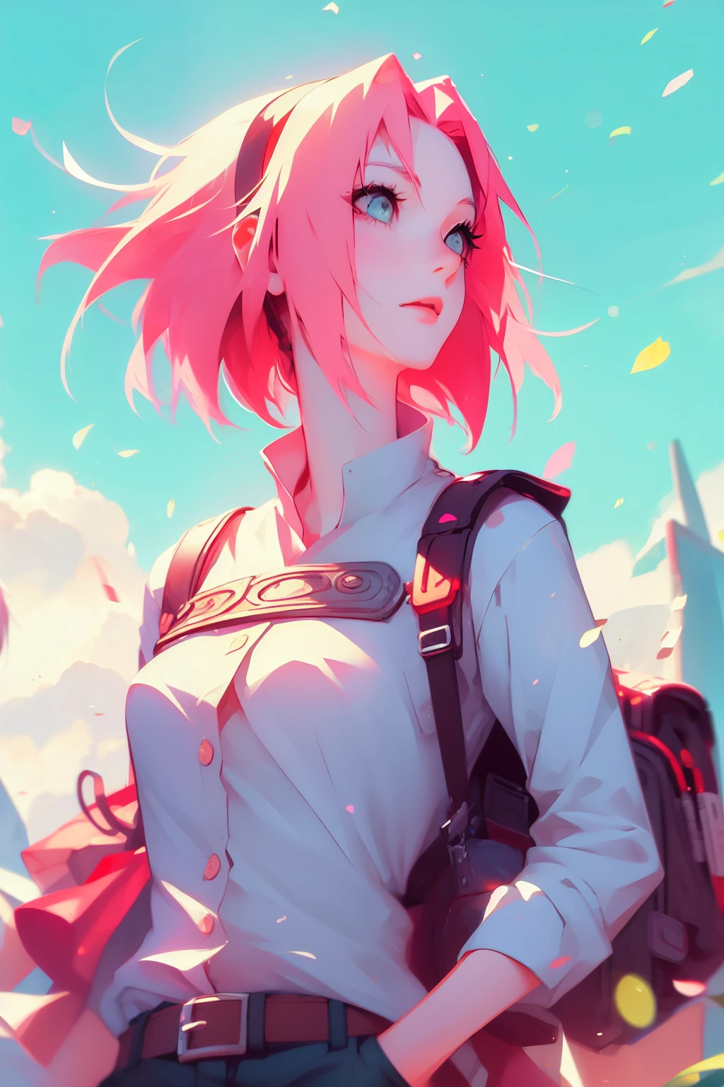 sasusaku. Sasuke Uchiha, tall man with black hair, wearing a white blouse and jeans, , hands in his pockets. Sakura, a thin woman with pink hair, she is after Sasuke, she is a rebel. best quality, adorable, ultra-detailed, illustration, complex, detailed, extremely detailed, detailed face, soft light, soft focus, perfect face, beautiful and accurate anatomy.