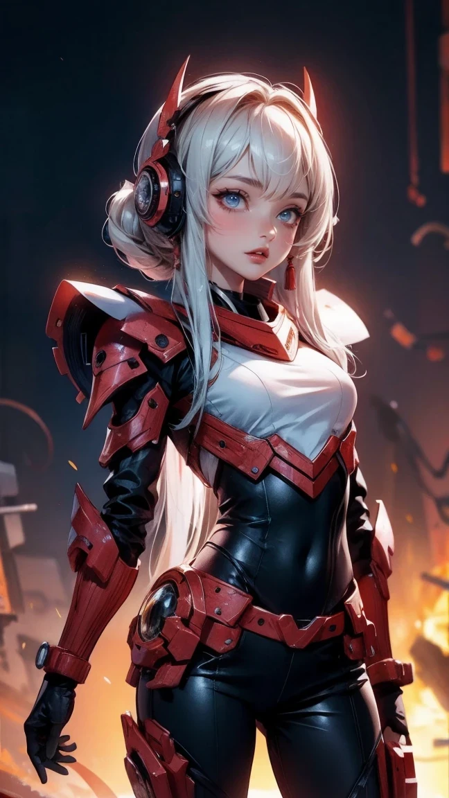 Cute Girl, cowboy shot,(best quality), Oriental detailed background, Science fiction,Mechanical arm,girl and guy , war, Monster Legion, technical clothing,, Uniform