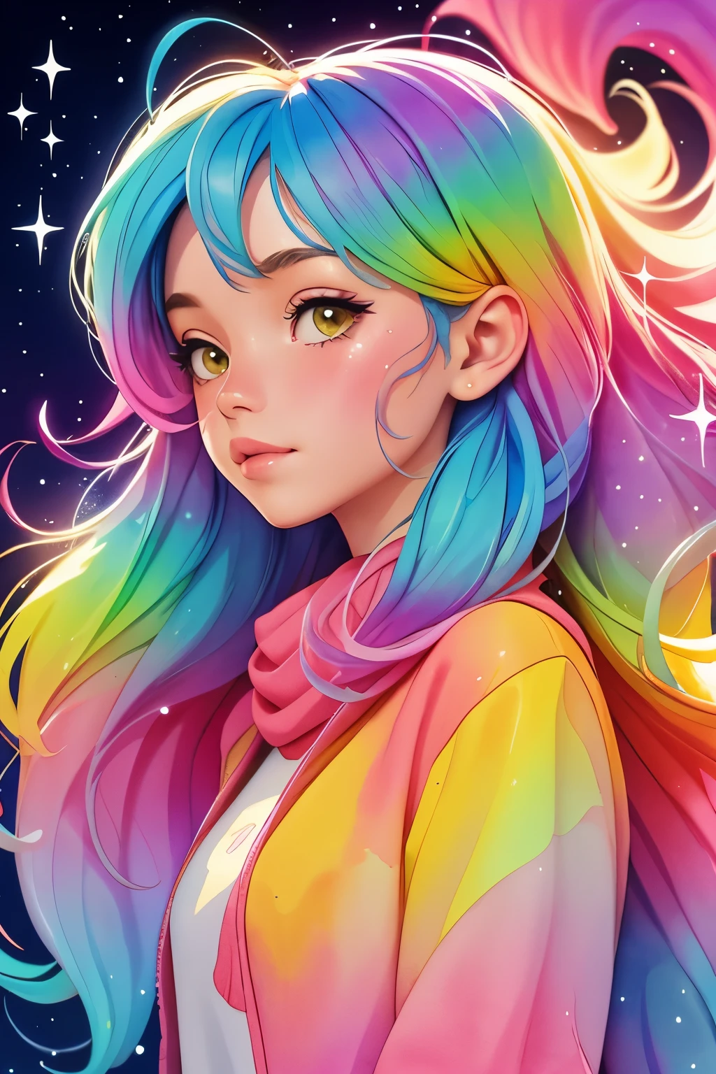 1 girl, solo,  ((watercolor texture)), rainbow colorful hair, soft color, illustration anime, waved long hair, bubbles, glitter