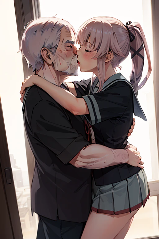 {Perfect Anatomy},((beautiful face:1.5)),(((1girl and 1old man:hug each other:1.8))),((kiss:1.5)),absurd solution,(masterpiece, highest quality, figure, delicate details, 8K:1.3), ( picturesque, style adder),((KanColle)),(highest quality:1.2), masterpiece, highest quality, High resolution, BREAK,(pink hair:1.5), BREAK,Yurakai Nikku, long hair, hair flap, ponytail, hair ornaments, grey sailor collar,sailor shirt,black jacket,striped shirt, vertical-striped shirt, red ribbon, short sleeve, sailor collar, black jacket, neck ribbon, gray skirt, pleated skirt,