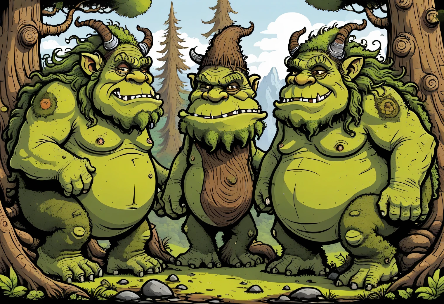 Aesthetics of vector graphics, surreal image of a large humpbacked forest troll with gnarled trees and bushes growing on its hump, the troll's hump is covered with moss and grass, vector graphics, high resolution, clear contours, multicolored gradients