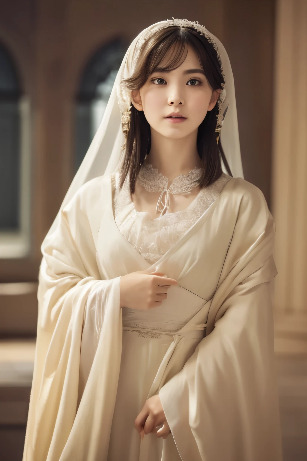 1 girl, (full body), silk robe, white hood, (delicate illustrations:1.4), (highest quality:1.4), (超A high resolution:1.2), (realistic:1.4), (8K, Raw photo:1.2), (soft focus:1.4), (sharp focus:1.4), (renaissance art:1.4), detailed beautiful face, OCTOPATH TRAVELER, the one who controls the truth